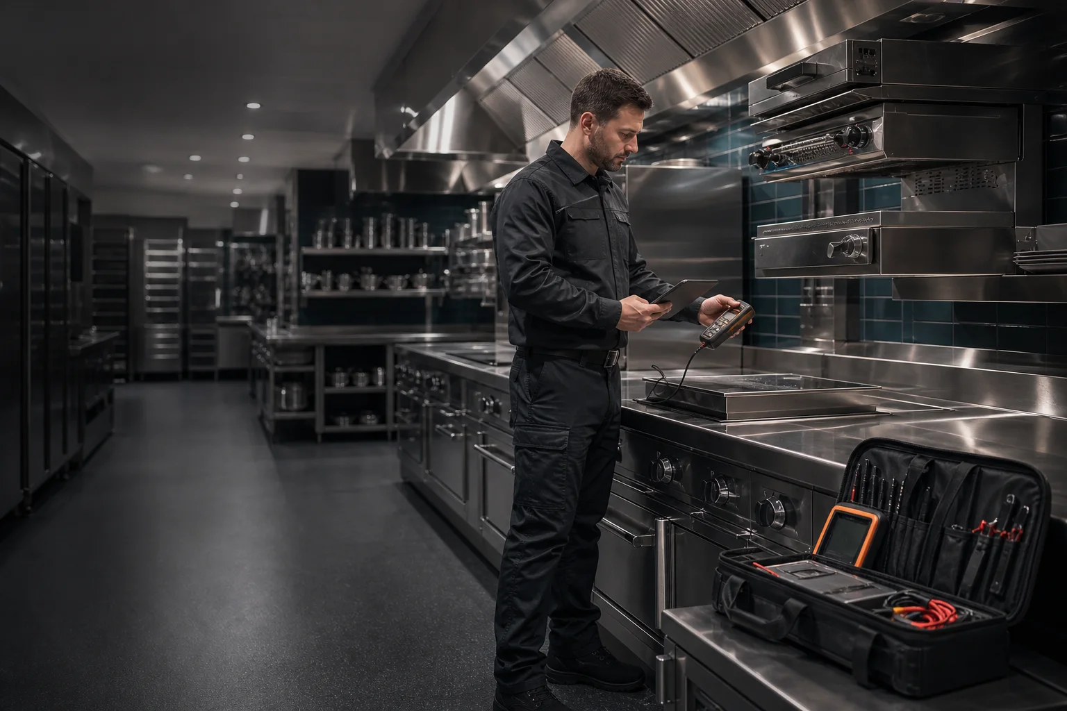 Commercial kitchen technician inspecting professional restaurant equipment
