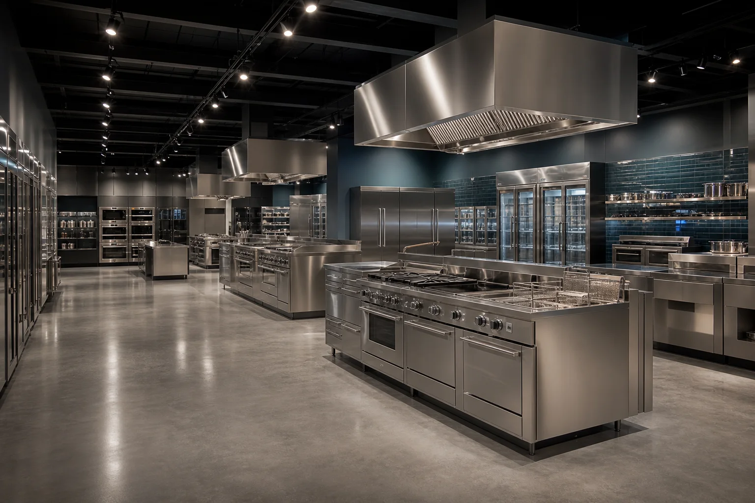 Premium showroom with commercial refrigeration and cooking equipment