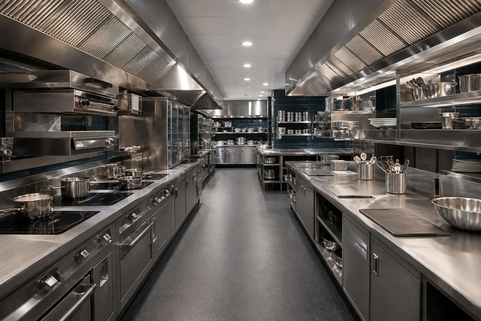 Bright professional restaurant kitchen with two stainless-steel equipment lines